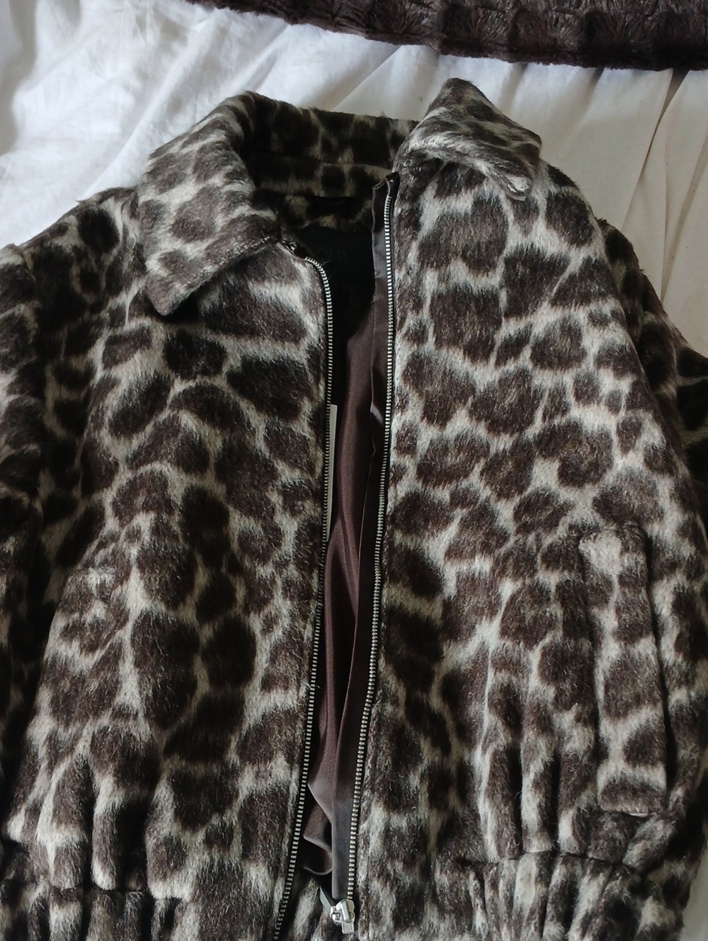 Zara Leopard Print Faux Fur Bomber Jacket - Brown & Cream